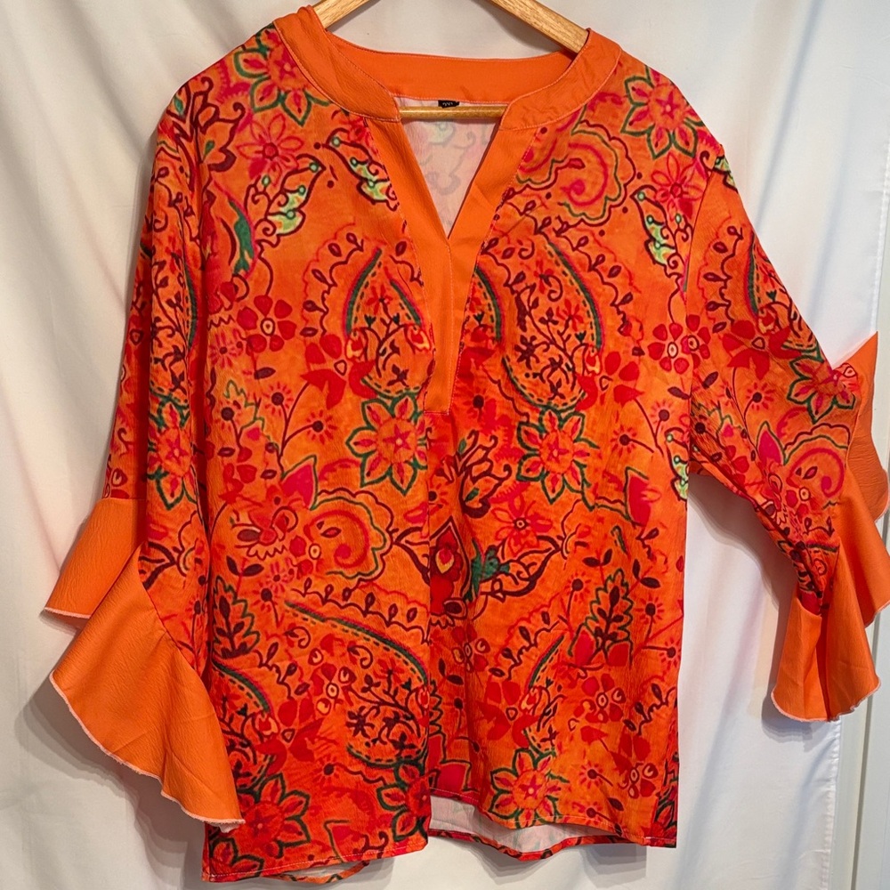 Artsy Orange Women's Boxy Bell-sleeved Top S Z 2XL NWOT